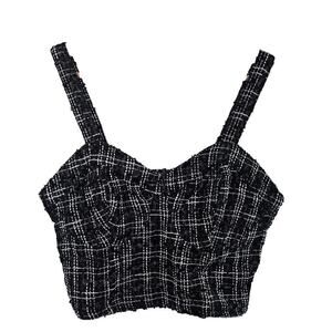 Japna Tweed Crop Top Cami Womens Large Black Plaid Bralette Twee Festival Boho